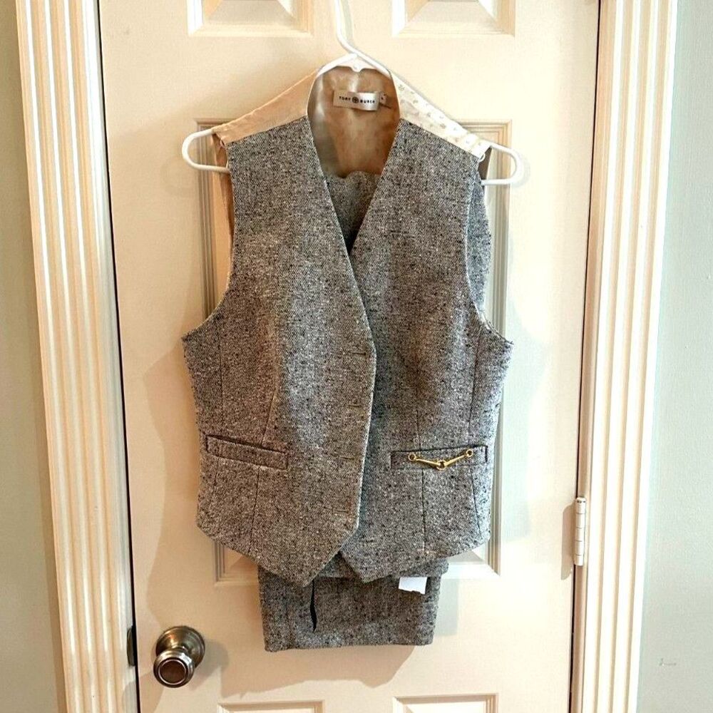 Tory Burch Size 12 Grey Tweed Vest and Trousers 2-Piece Suit Set